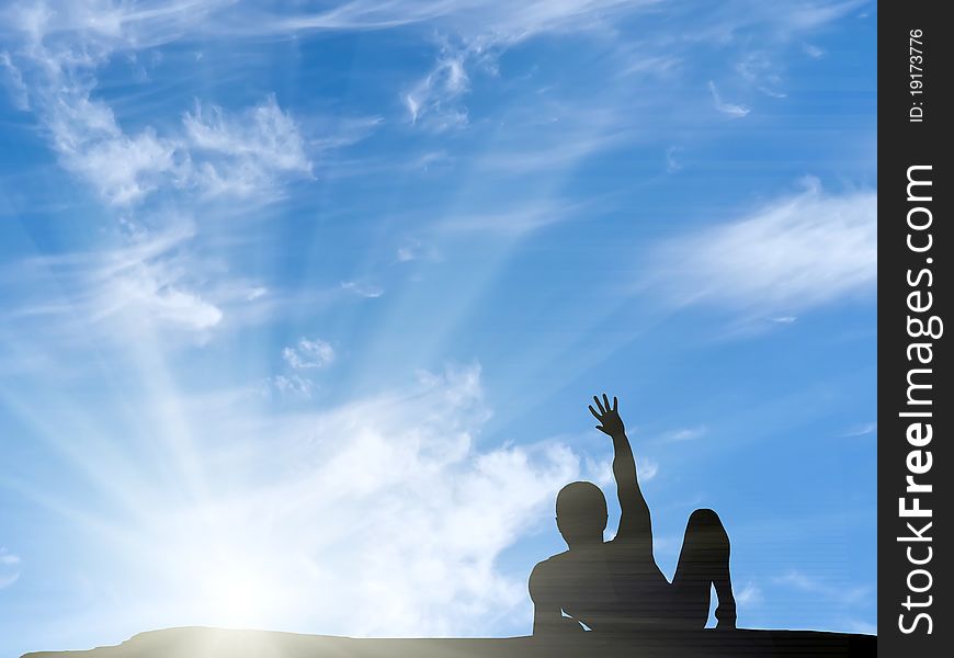 Silhouette of a man at the top of the mountain against the sky