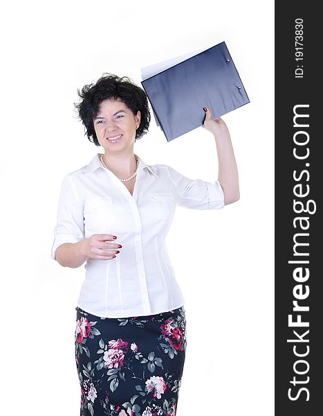 Unhappy businesswoman in a white shirt throwing notes. Unhappy businesswoman in a white shirt throwing notes