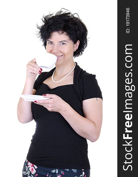 Woman drinking coffee from a white cup. Woman drinking coffee from a white cup