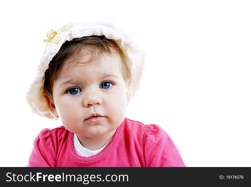 Adorable baby girl posing in studio against white background, copy space