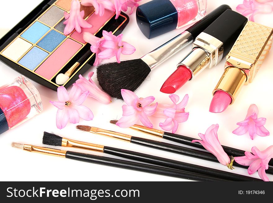 Decorative cosmetics on a white background