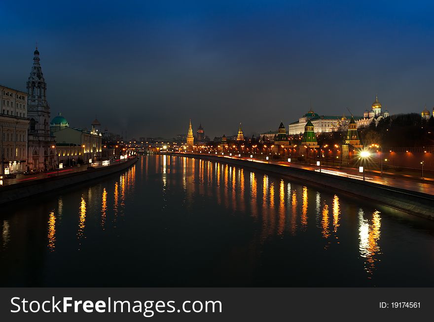 Russia, city Moscow, night river and Kremlin. Russia, city Moscow, night river and Kremlin