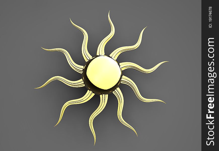 3d illustration of a design golden sun on grey background