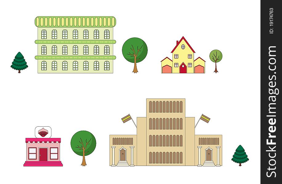 Four buildings and trees, isolated. Four buildings and trees, isolated.