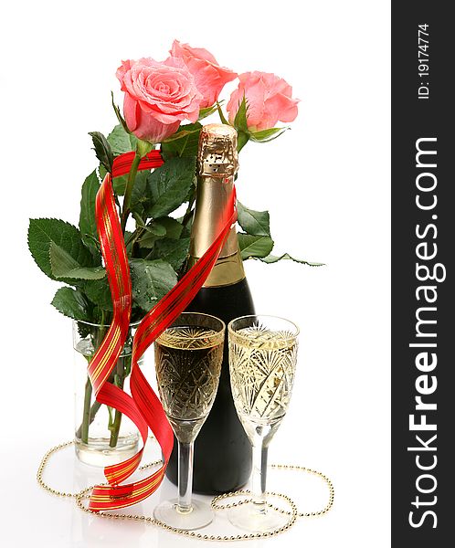 Champagne and roses on a white background