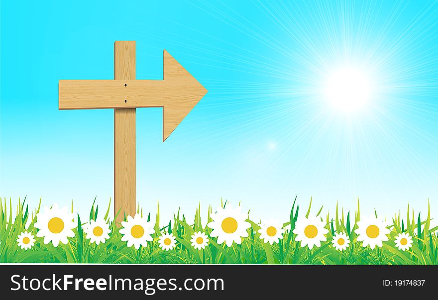 Wooden sign with grass and camomile illustration