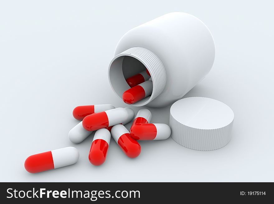 White bottle with pills isolated on white. 3D render image.