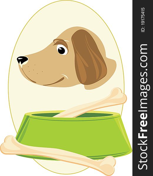 Doggy muzzle and bones in a green bowl. Sticker