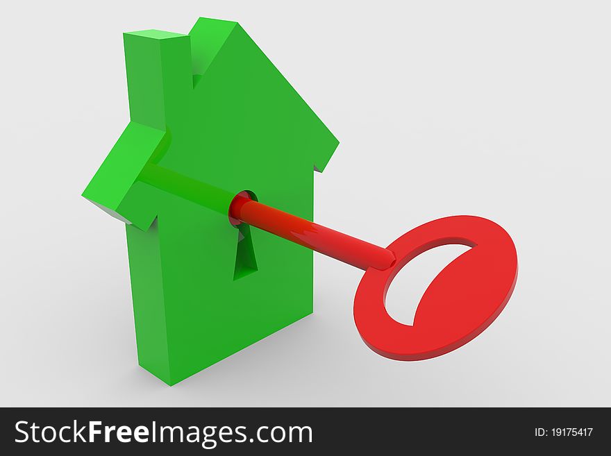 Shape of house and key. Concept. 3D render image. Shape of house and key. Concept. 3D render image.