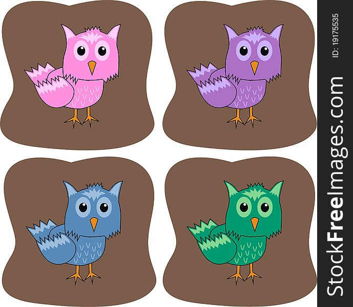 Illustration of four colourful cute owls on brown background colour. Illustration of four colourful cute owls on brown background colour