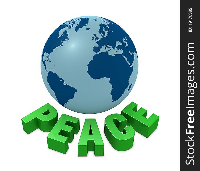 One 3d render of globe with the word peace around it. One 3d render of globe with the word peace around it