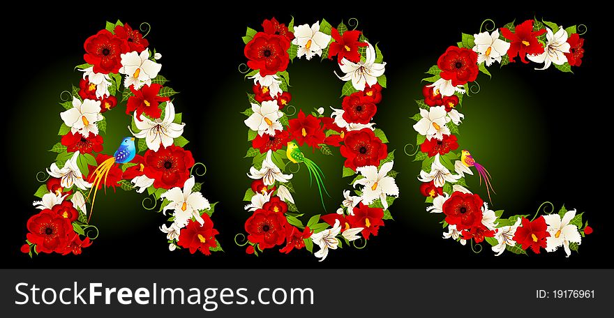 Letter for signs with flowers and bird. for a design