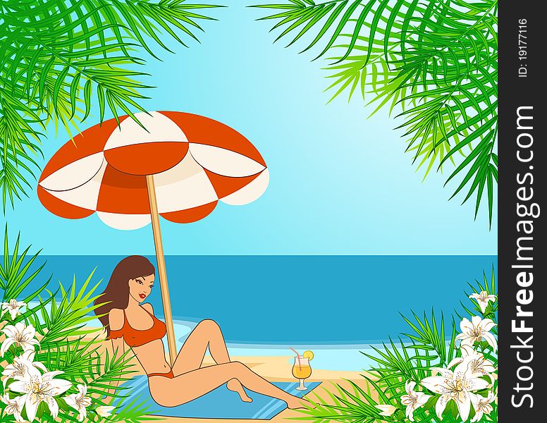 Beautiful girl on a summer beach. Illustration in retro style