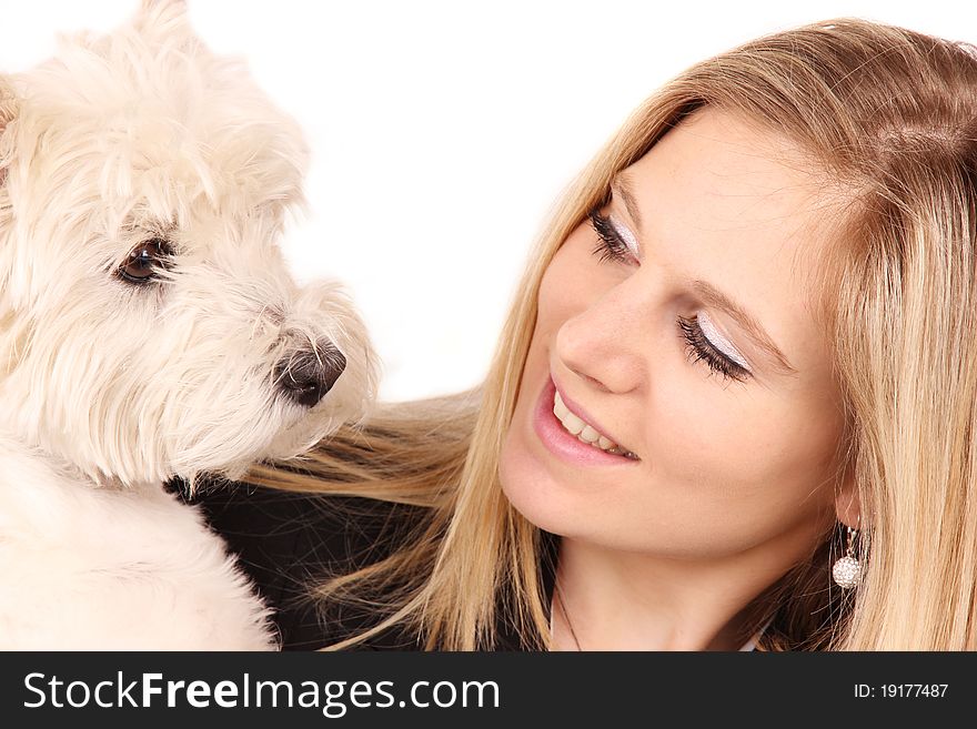 Attractive happy young woman with dog, isolated on white background. Attractive happy young woman with dog, isolated on white background