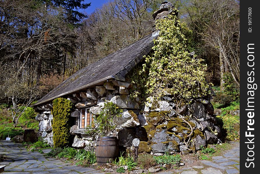 House, old, stone, mysterious, in a sunlit wooded setting. House, old, stone, mysterious, in a sunlit wooded setting
