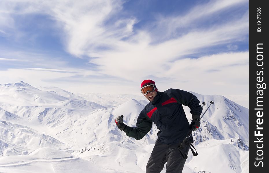 Young skier on the top of mountain Ejder. Palandoken. Turkish ski resort