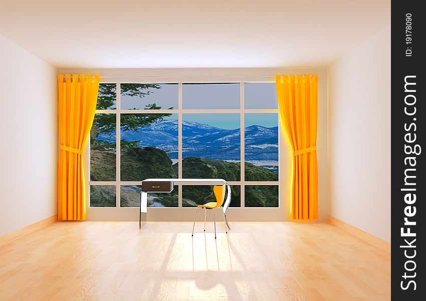 Room with a panorama and yellow window shades, table and chair.