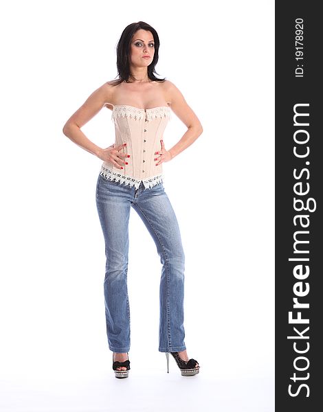 Beautiful tall woman wearing corset and jeans