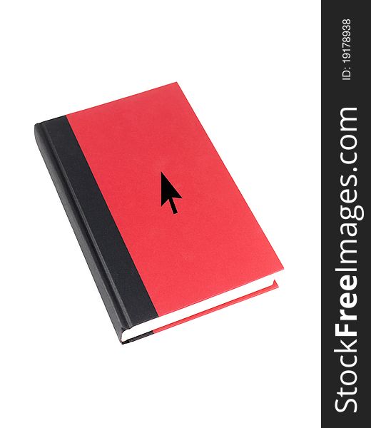 A red book with computer cursor  isolated against a white background