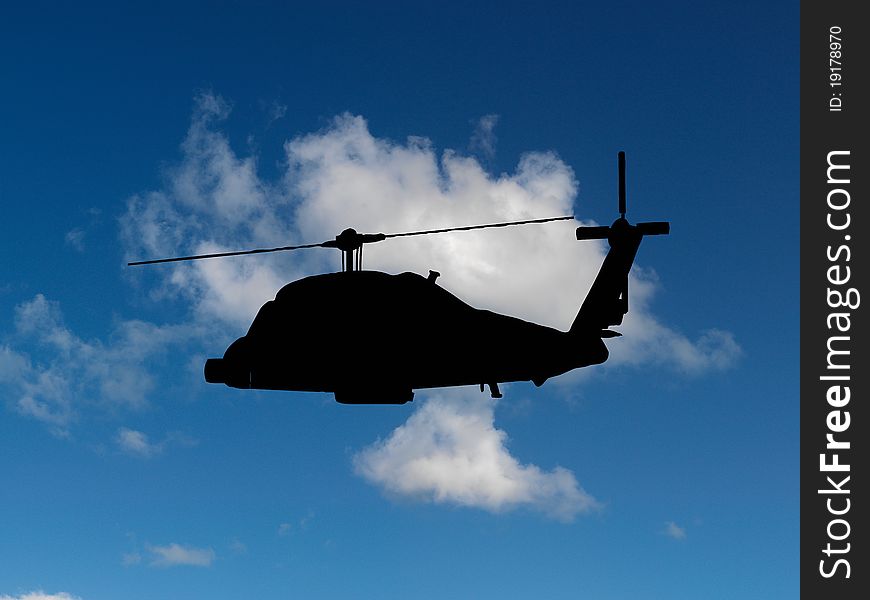 Helicopters silhouetted in a blue sky