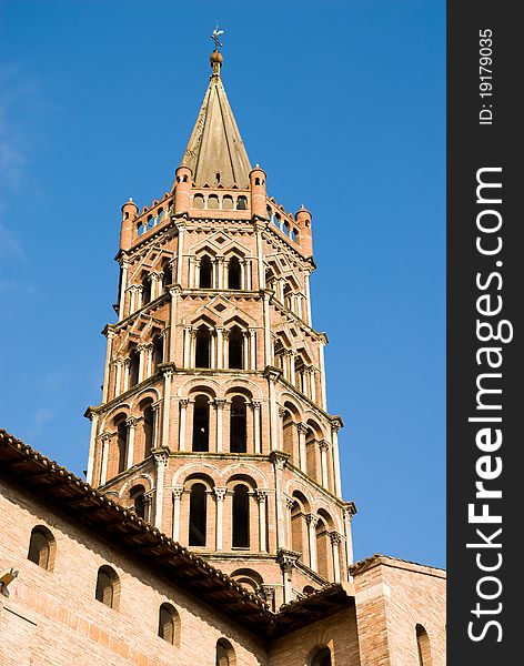 The basilica of Saint Sernin is a church (roman style) in Toulouse, south France.The bell tower is five tiers,octagonal and slightly inclined towards the west direction. The basilica of Saint Sernin is a church (roman style) in Toulouse, south France.The bell tower is five tiers,octagonal and slightly inclined towards the west direction.