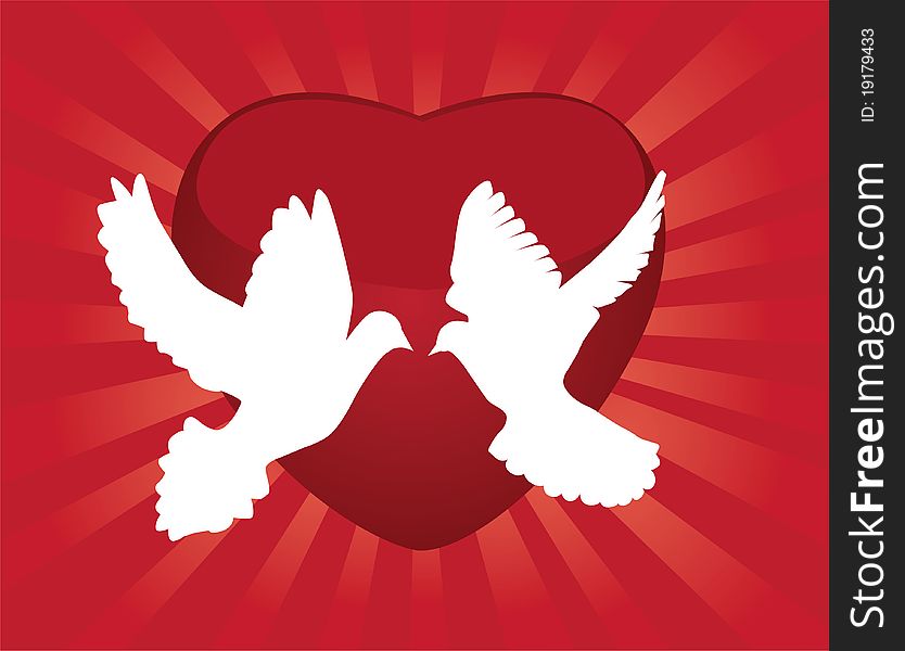 Illustration of two white doves and red heart background