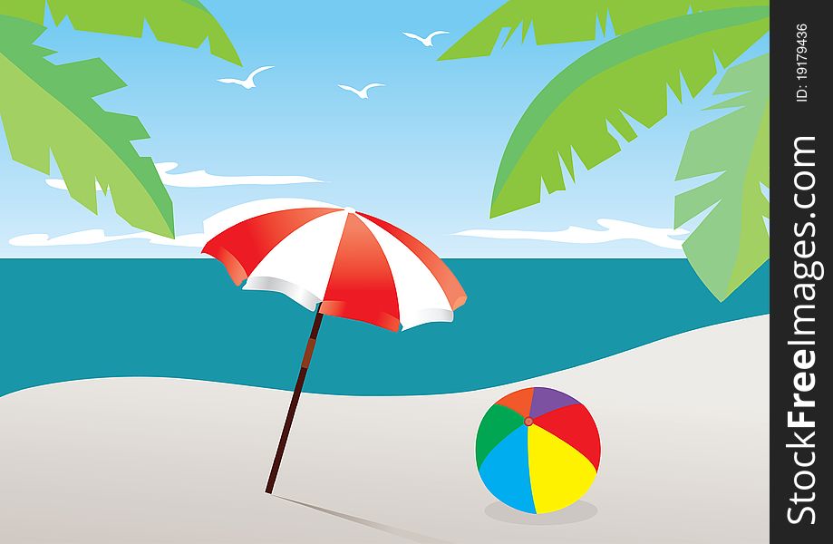 Illustration of beach with umbrella and ball