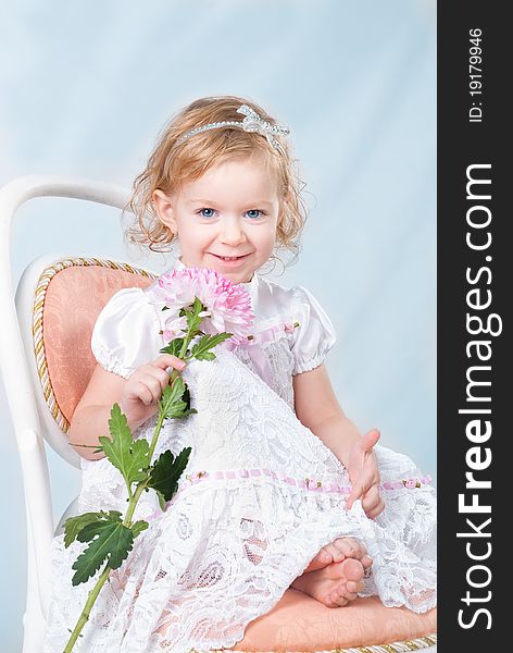 Adorable girl sitting on the chair with flower on studio blue background