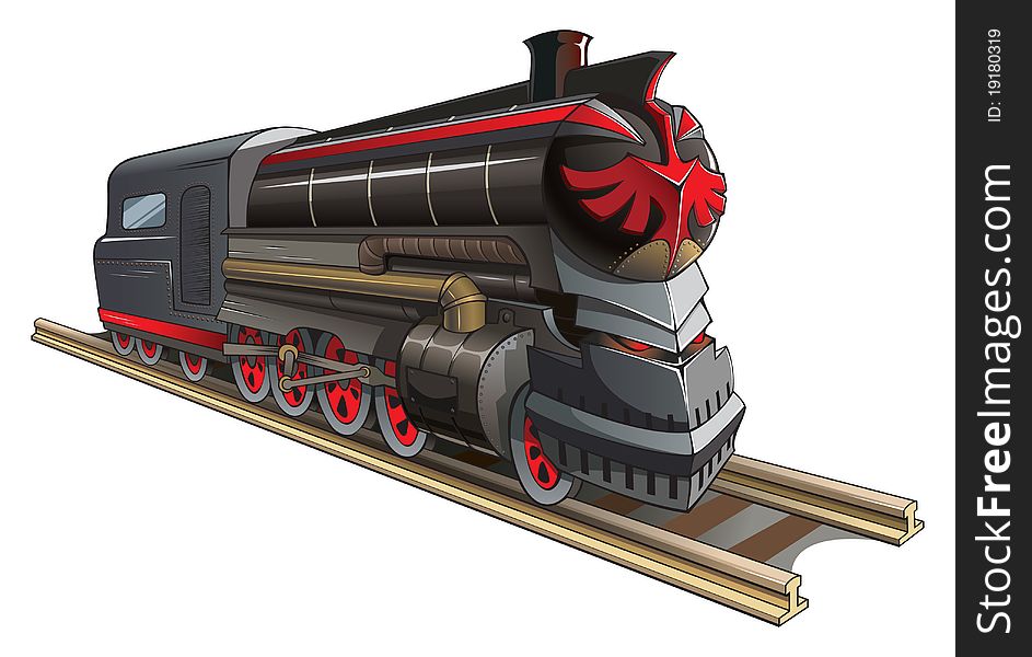 Old steam locomotive with red demon eyes instead of headlight and mystic symbol, vector illustration. Old steam locomotive with red demon eyes instead of headlight and mystic symbol, vector illustration