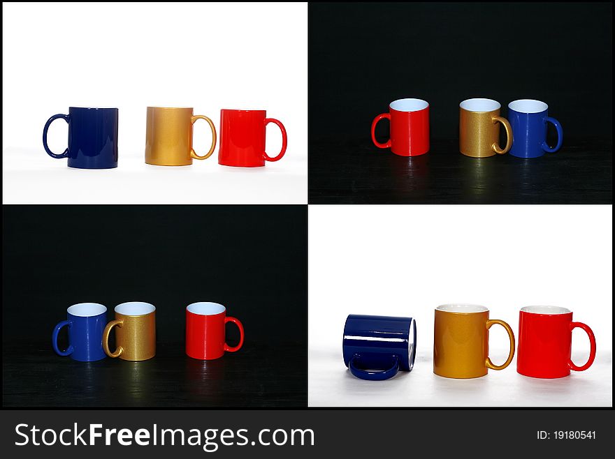 Four blocks of colourful cups in black or white backgrounds.