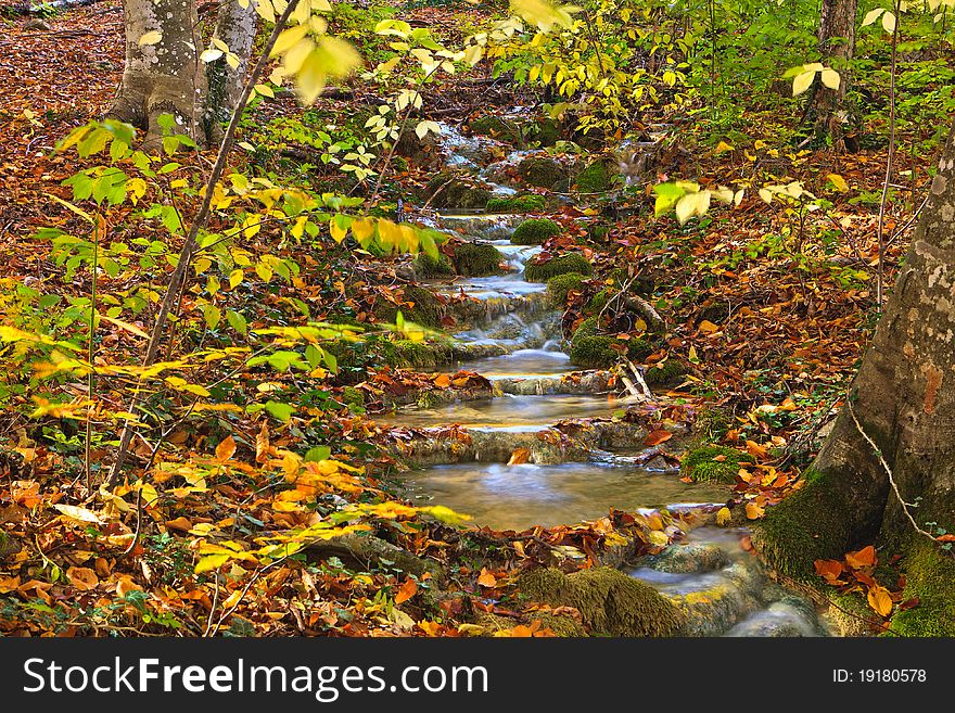 The cascade of small falls in an autumn wood of mountain Crimea. The cascade of small falls in an autumn wood of mountain Crimea