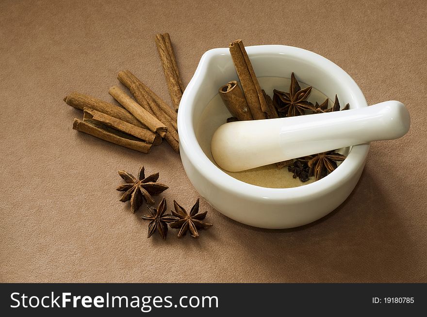 Mortar and pestle with herbs and spices.