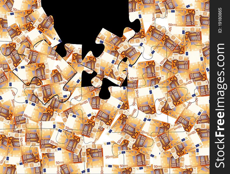 A lot of 50 euro note in a puzzle. A lot of 50 euro note in a puzzle