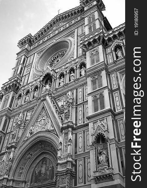 B&w shot of Santa Maria del Fiore (Cathedral of Florence). Monochrome underlines the good detail of the front of the monument. Perspective gives the sense of magnificence. B&w shot of Santa Maria del Fiore (Cathedral of Florence). Monochrome underlines the good detail of the front of the monument. Perspective gives the sense of magnificence