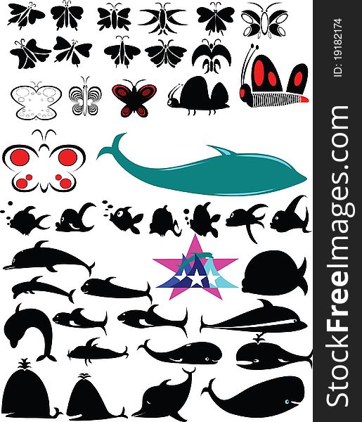 Butterflies, fish, black and white vector. Butterflies, fish, black and white vector