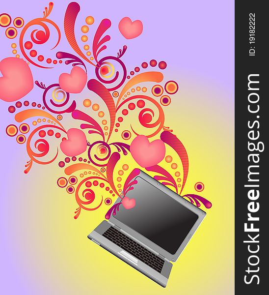 Grey laptop with floral elements with hearts