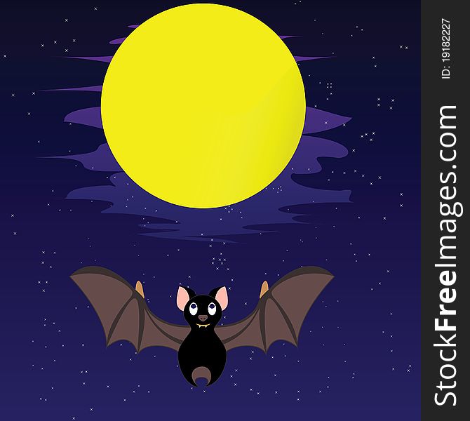 Cartoon bat on the night sky with moon