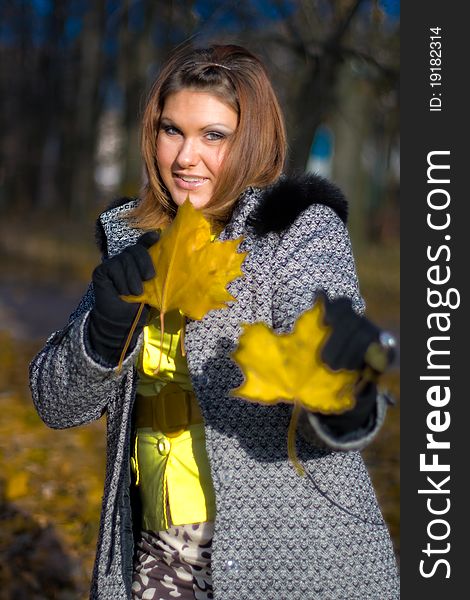 Portrai of beautiful smiling young girl with yellow dry leaves in fall park. Portrai of beautiful smiling young girl with yellow dry leaves in fall park