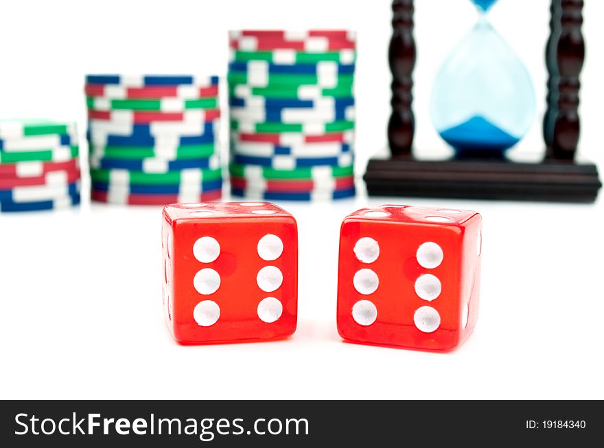 Good luck on the dice and poker chips isolated on a white background
