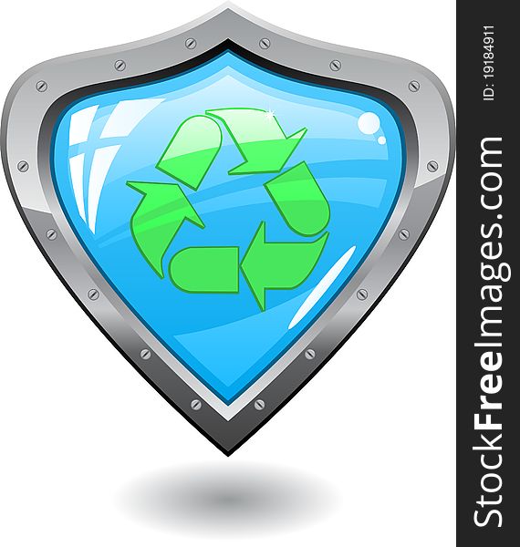 Big glass shield with green recycling symbol. Big glass shield with green recycling symbol