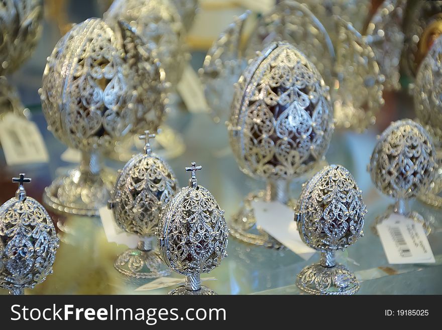 Easter jewelry eggs glittering on a shop shelf