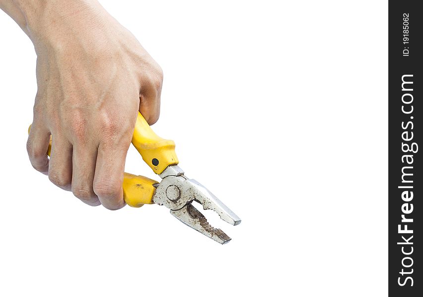 Hand holding a pliers isolated over white
