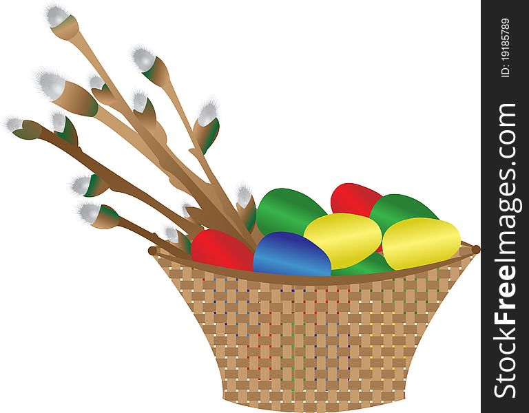 Basket with Easter eggs and a willow