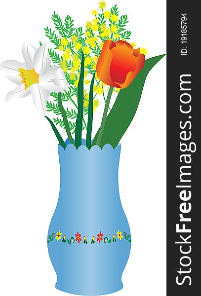 Bouquet of spring flowers in a blue vase