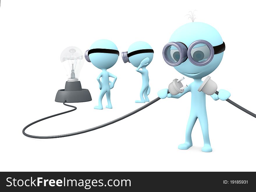 Blue man in glasses stands and connection wires on white background. Blue man in glasses stands and connection wires on white background