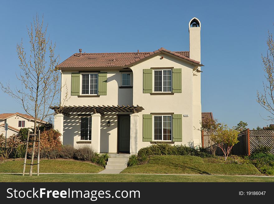 House surrounded by trees and grass with blue sky.