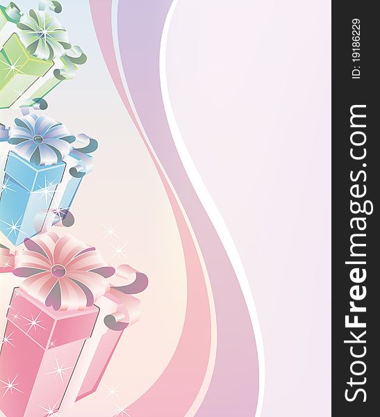 Bright boxes with gifts on a wavy background. Bright boxes with gifts on a wavy background