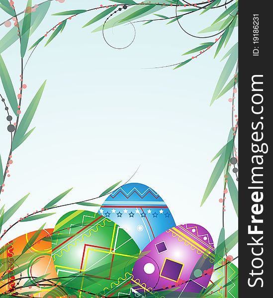 Green Branches And Bright Easter Eggs