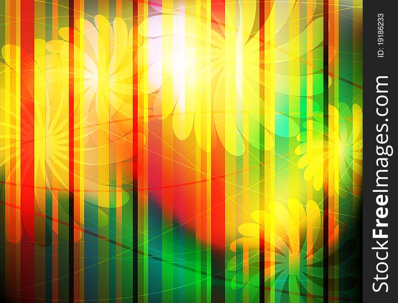 Incandescent flowers silhouettes  on a spectral striped background