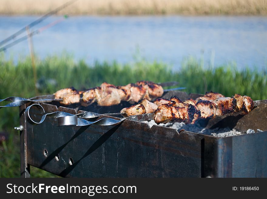 Barbecue near the river. Spring